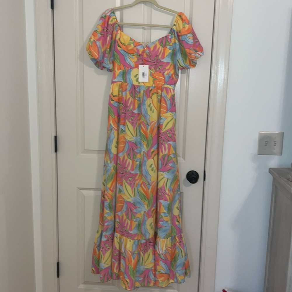 Skies Are Blue Multicolor Tropical Maxi Dress in Yellow, Pink & Blue